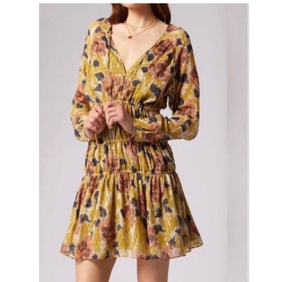 Like New Joie Silk Aminah Smocked Floral-Print Mini Dress In Ecru Olive Size M - Picture 1 of 6